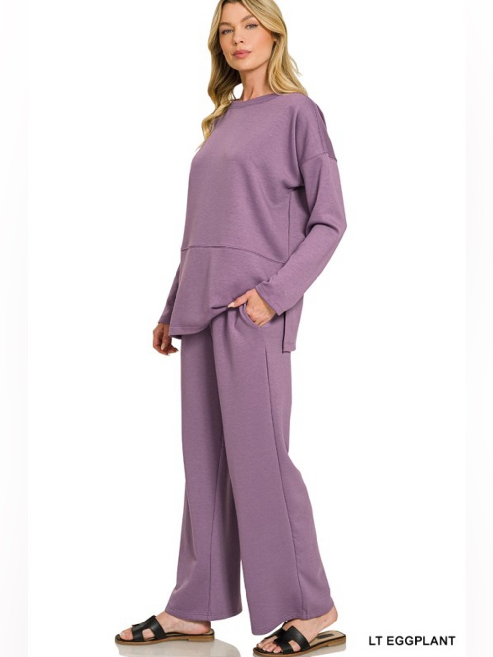 106 Zenana 2pc Set LT Eggplant Purple Super Soft SCUBA SIDE SLIT TOP & PANTS SET - Picture 2 of 8